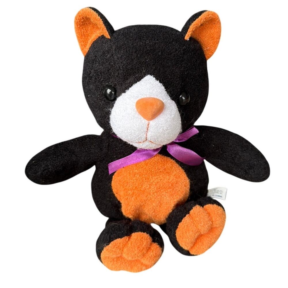 Vintage y2k Halloween Cat Plush Spooky Black Orange w Bow ANICO 13” tall